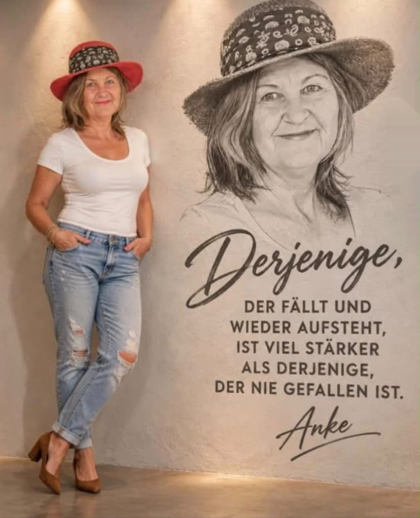 Anke Linnig-Osenberg vor der Wand mit ihrem Spruch